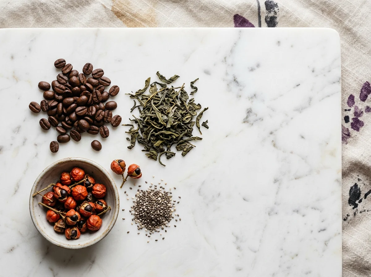 Flat lay of coffee beans, green tea leaves and guarana berries - key ingredients of the guarana green tea antioxidant supplement