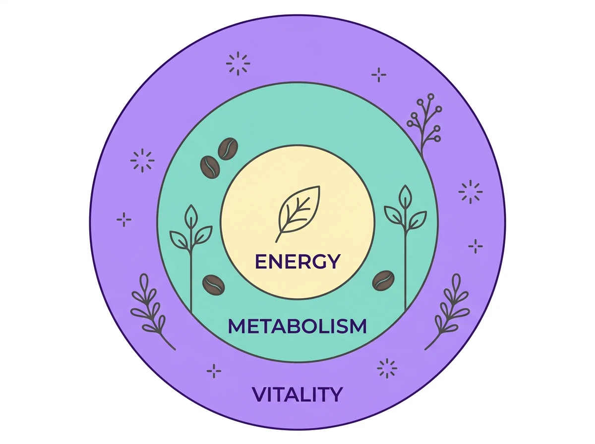 Circular infographic showing Energy, Metabolism and Vitality supported by plant botanicals